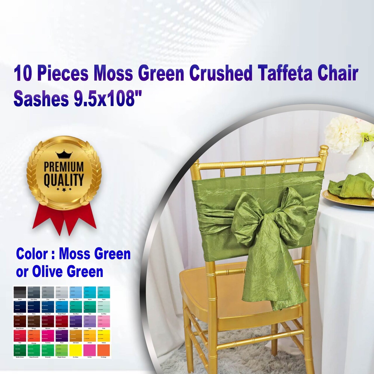 10 Pieces Moss Green Crushed Taffeta Chair Sashes 9.5x108"
